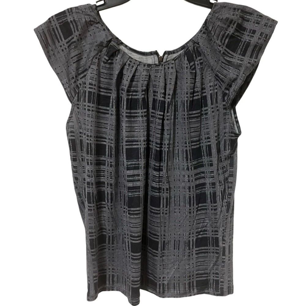 Banana Republic Petite Gray Black Plaid Cap Sleeve Blouse Top Size Large